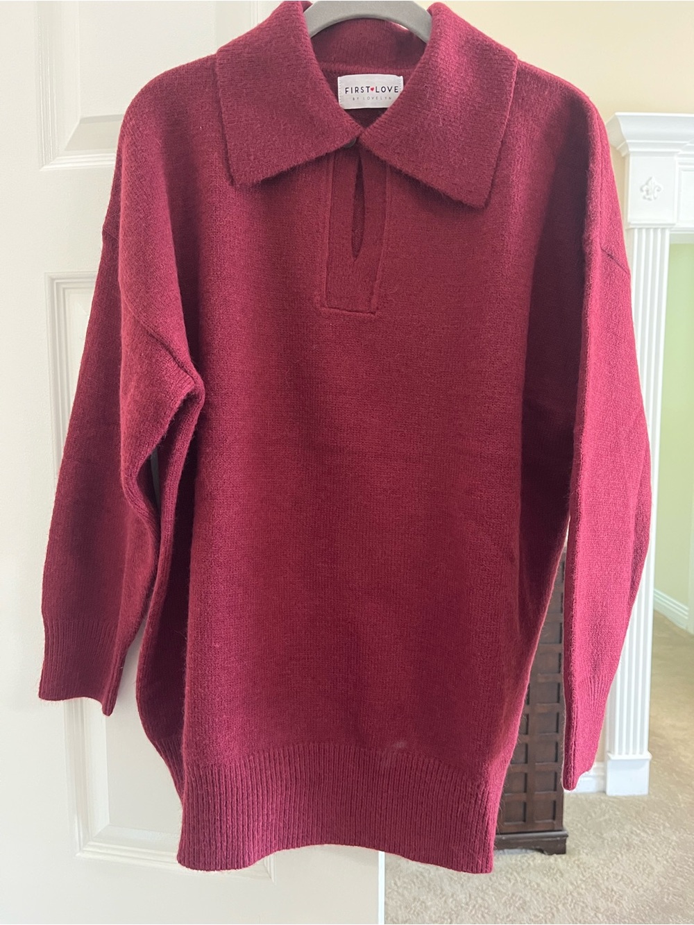 First Love Wine Red V-Neck Polo Sweater
